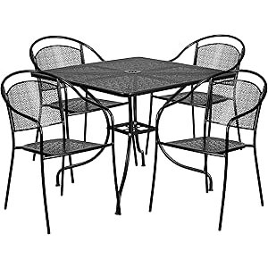 $275.06 Amazon.com: Flash Furniture Oia 5-Piece Commercial Grade Steel Patio Table and Chairs Set, Outdoor Dining Set with Square Table and 4 Round Back Chairs, Black : Home & Kitchen