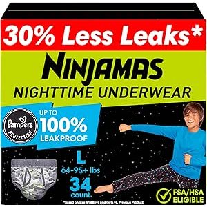$21.27 Amazon.com: Ninjamas Boys Bedwetting Nighttime Underwear, Size L (64-95+ lbs), 34 Count, Overnight Protection, Ultra Absorbent, Hypoallergenic : Everything Else