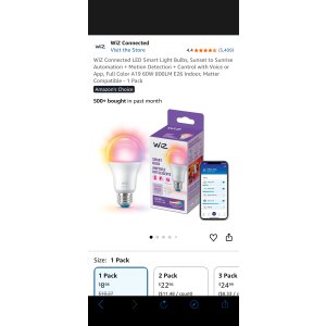 $8.98 WiZ Connected LED Smart Light Bulbs, Sunset to Sunrise Automation + Motion Detection + Control with Voice or App, Full Color A19 60W 800LM E26 Indoor, Matter Compatible - 1 Pack - Amazon.com