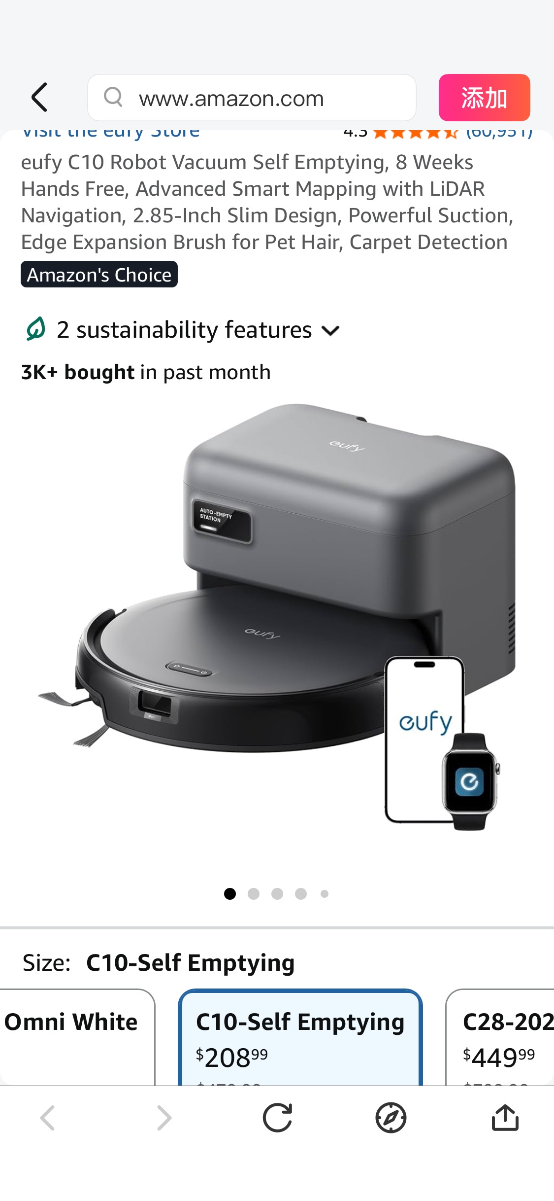 Amazon.com: eufy C10 Robot Vacuum Self Emptying, 8 Weeks Hands Free, Advanced Smart Mapping with LiDAR Navigation, 2.85-Inch Slim Design, Powerful Suction, Edge Expansion Brush for Pet Hair, Carpet De