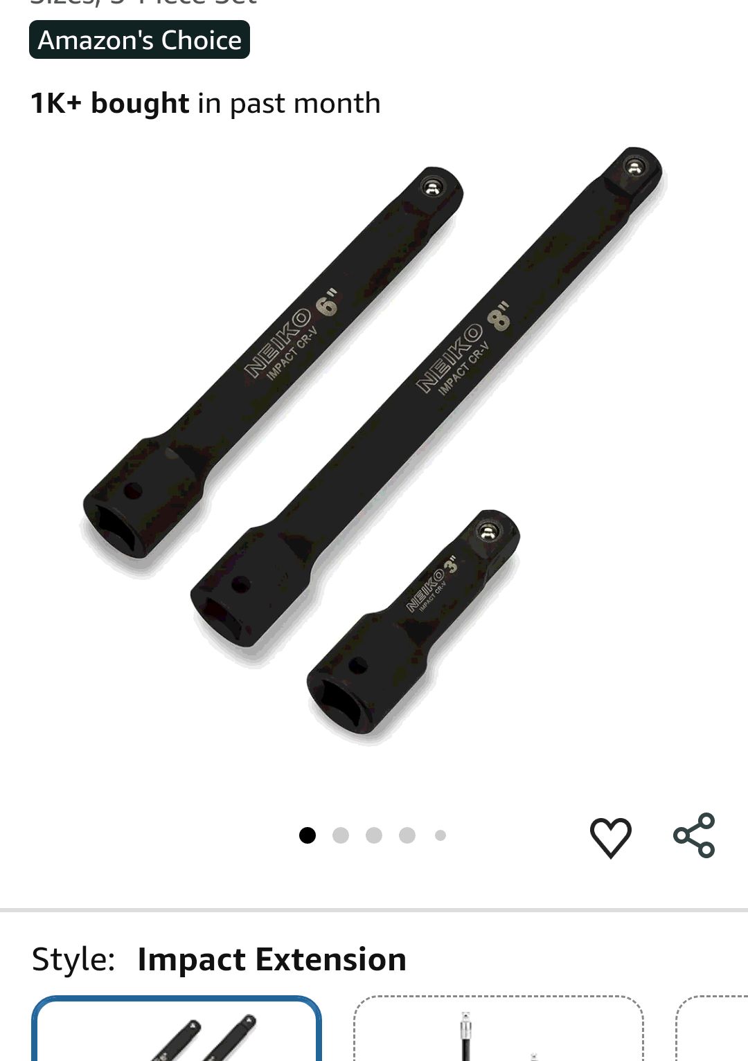 NEIKO 00237A 1/2-Inch-Drive Impact Extension-Bar Set, Made with CrV Steel, 3-Inch, 6-Inch, and 8-Inch Sizes, 3-Piece Set - Amazon.com