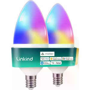 $9.99 Linkind Matter Smart Bulbs, E12 Led Bulb Works with Alexa/Apple Home/Google Home, Smart Light Bulbs, WiFi Candelabra B11 Bulbs, RGBTW Color Changing Light Bulb, 2.4Ghz WiFi Bulb, 470 LM 2 Pack - Amazo