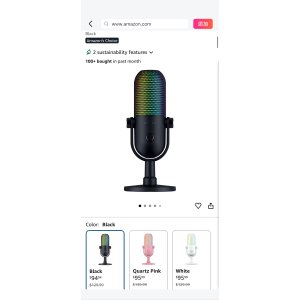 $94.04 Amazon.com: Razer Seiren V3 Chroma RGB USB Microphone: Stream & Game Reactive Lighting - Tap-to-Mute Sensor - Condenser Mic - Digital Gain Limiter & Shock Absorber - PC, Discord, OBS Studio, XSplit - 