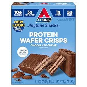  $8.59 for 2 Amazon.com: Atkins Chocolate Crème Protein Wafer Crisps, Protein Dessert, 4g Net Carb, 1g Sugar, High in Fiber, Keto Friendly, 5 Count : Grocery &amp; Gourmet Food