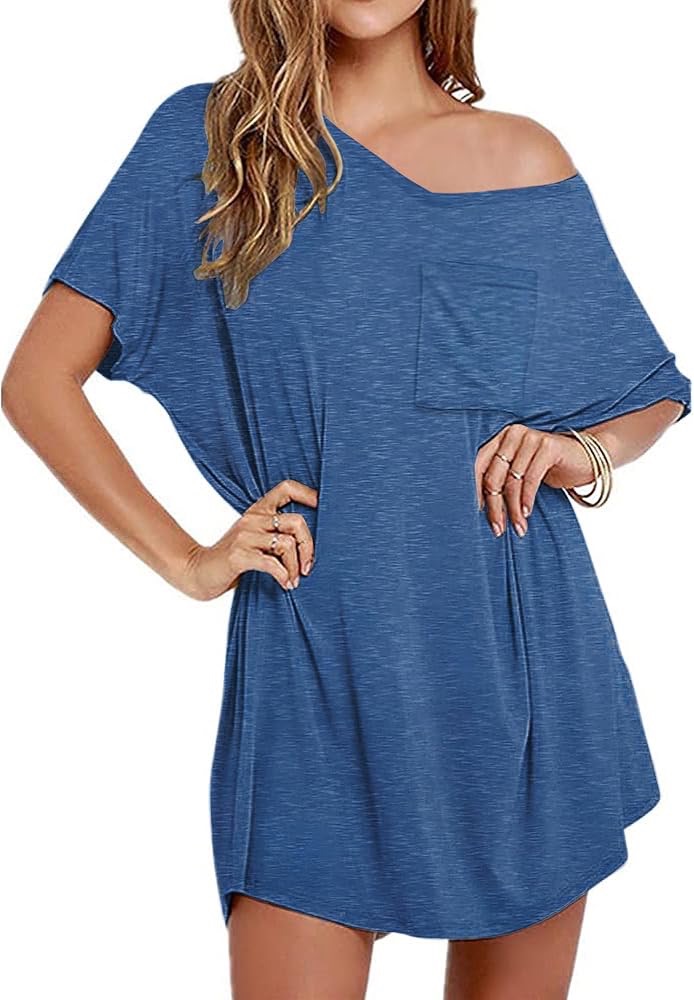 Ekouaer Womens Tshirt Nightgown Cotton V Neck Sleepshirts Comfy Casual Nightshirt for Women, Peacock Blue, X-Large at Amazon Women’s Clothing store