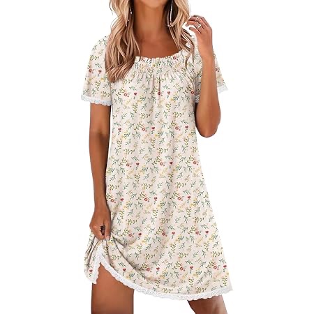Ekouaer Nightgowns for Women Pleated Sleep Shirts Short Sleeve Night Shirts Lace Trim Night Gown Ladies Sleep Dress at Amazon Women’s Clothing store