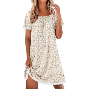 $14.23 Ekouaer Nightgowns for Women Pleated Sleep Shirts Short Sleeve Night Shirts Lace Trim Night Gown Ladies Sleep Dress at Amazon Women’s Clothing store