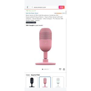 $39.99 Amazon.com: Razer Seiren V3 Mini USB Microphone: Condenser Mic - Supercardioid Pickup Pattern - Tap-to-Mute Sensor with LED Indicator - Shock Absorber - Ultra Compact - PC, Discord, OBS Studio, XSplit