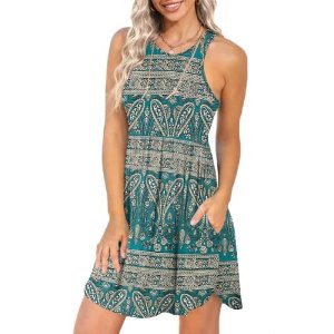 $9.99 LONGYUAN Women Dresses Stretchy Sun Dress Sleeveless Tank Dresses with Pockets Blue-Khaki Large at Amazon Women’s Clothing store