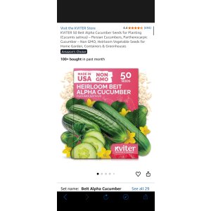 $5.99 Amazon.com : KVITER 50 Beit Alpha Cucumber Seeds for Planting (Cucumis sativus) – Persian Cucumbers, Parthenocarpic Cucumber – Non GMO, Heirloom Vegetable Seeds for Home Garden, Containers & Greenhous