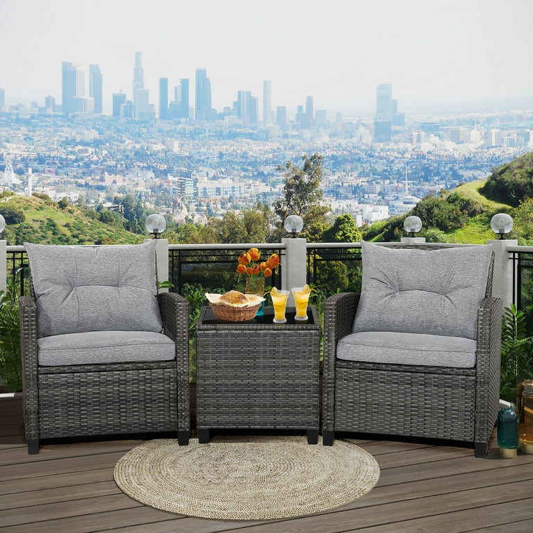 Gymax 3PCS Outdoor Patio Rattan Sofa Set with Grey Cushions and Tempered Glass Table - Walmart.com