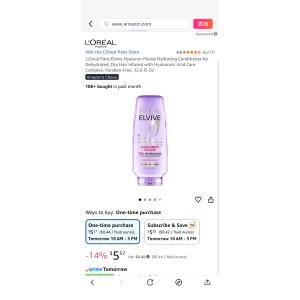$5.29 Amazon.com : L Oreal Paris Elvive Hyaluron Plump Hydrating Conditioner for Dehydrated, Dry Hair Infused with Hyaluronic Acid Care Complex, Paraben-Free, 12.6 Fl Oz : Beauty & Personal Care 护发素