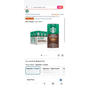$15.18 Amazon.com: Starbucks Espresso & Cream, 6.5 Fl Oz Cans (Pack of 12) : Grocery & Gourmet Food