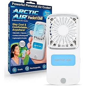 $10.36 Amazon.com: Arctic Air Portable Fan, Pocket Chill Handheld Mini Fan, Rechargeable Personal Air Cooler with Hydro-Chill Technology, 3 Speeds & Built-in-Kickstand, Cordless for Travel, Ind