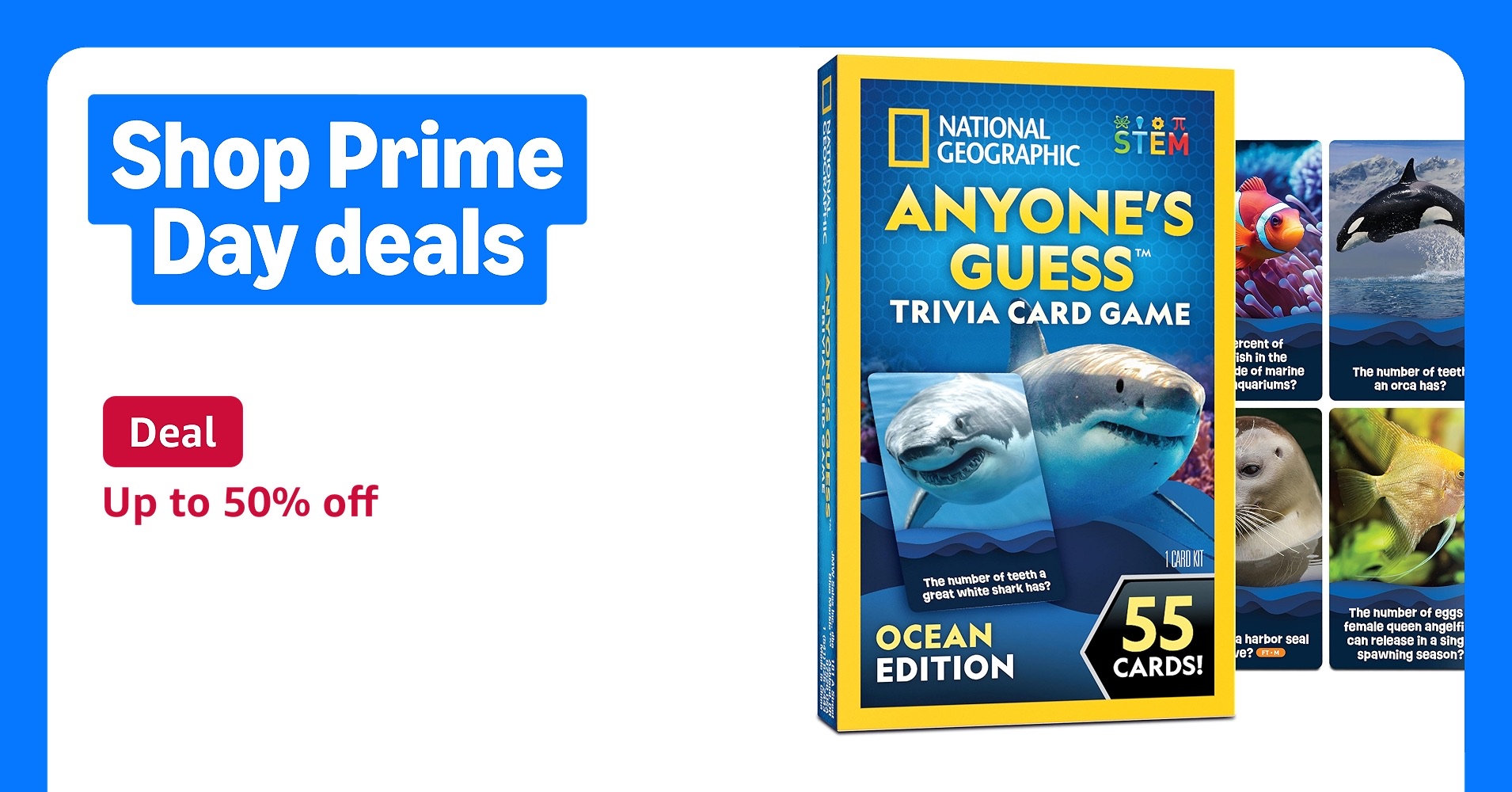Deal for Prime Members: National Geographic Anyone's Guess Ocean Animals Trivia Cards - Kids Trivia Card Game with 55 Jumbo Cards, Animal Games, Kids Trivia Game