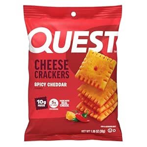 $11.23 Amazon.com: Quest Nutrition Cheese Crackers, Spicy Cheddar Blast, 10g of Protein, Low Carb, Made with Real Cheese, 12 Count (1.06 oz Bags) : Quest Nutrition: Health & Household
