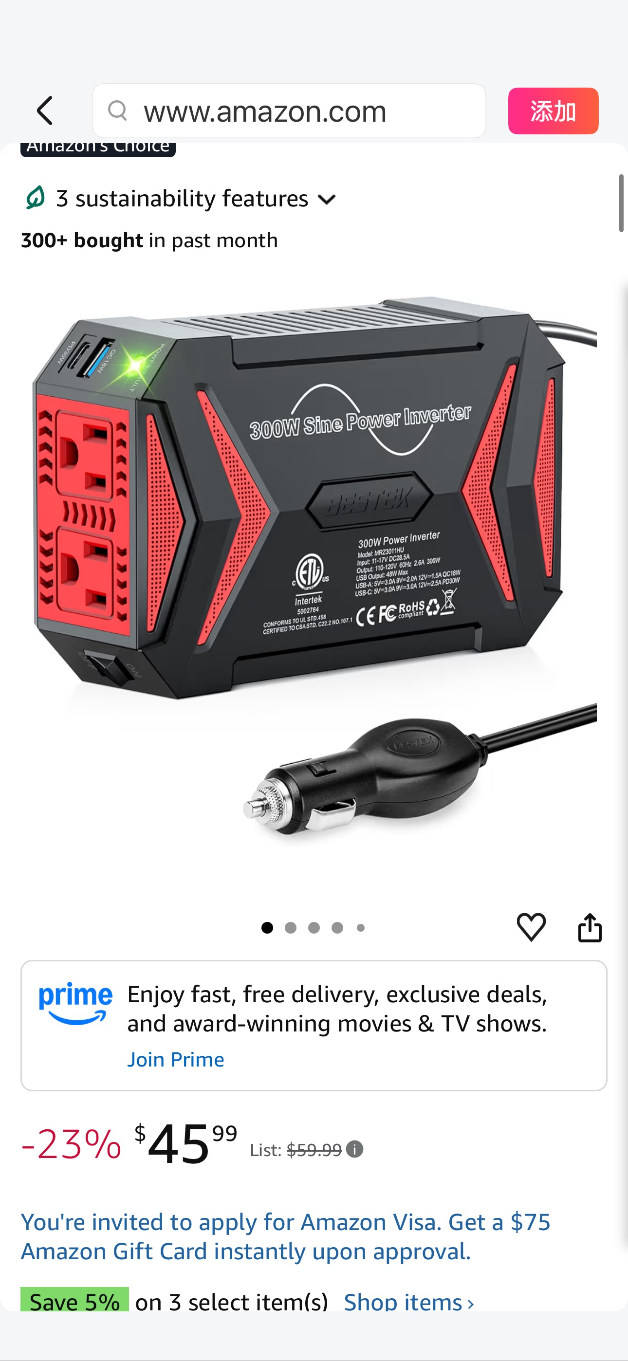 Amazon.com: BESTEK 300W Pure Sine Wave Power Inverter - DC 12V to 110V AC Car Converter Plug Adapter Outlet with PD30W USB-C Fast Charger, Vehicle Cigarette Lighter Adapter for Laptop : Automotive