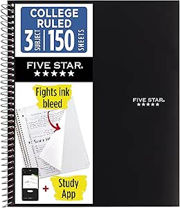 Amazon.com : Five Star Spiral Notebook + Study App, 3 Subject, College Ruled Paper, Fights Ink Bleed, Water Resistant Cover, 8-1/2" x 11", 150 Sheets, Black (72069) : Office Products