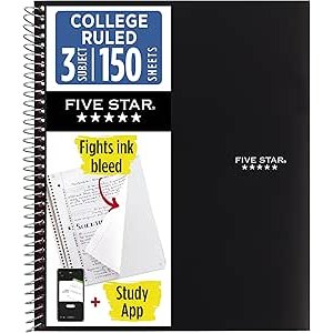 $4.87 Amazon.com : Five Star Spiral Notebook + Study App, 3 Subject, College Ruled Paper, Fights Ink Bleed, Water Resistant Cover, 8-1/2" x 11", 150 Sheets, Black (72069) : Office Products