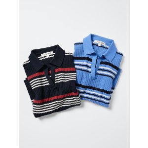 $14.9 Women s Cotton Pointelle Skipper Polo Sweater | Striped | UNIQLO US
