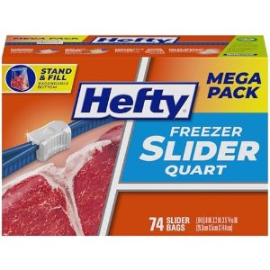$6.40 Amazon.com: Hefty Slider Quart Freezer Bags, 74 Count, Quart Slider Bags for Freezer, Holds Individual Leftovers, Sliced Fruits and Veggies, and More, Writable Label, Secure Zip and Click Cl
