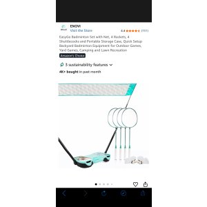 $42.99 Amazon.com : ENOVI EasyGo Badminton Set with Net, 4 Rackets, 4 Shuttlecocks and Portable Storage Case, Quick Setup Backyard Badminton Equipment for Outdoor Games, Yard Games, Camping and Lawn Recreati