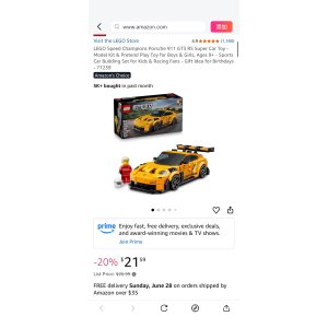 $21.59 Amazon.com: LEGO Speed Champions Porsche 911 GT3 RS Super Car Toy - Model Kit & Pretend Play Toy for Boys & Girls, Ages 9+ - Sports Car Building Set for Kids & Racing Fans - Gift Idea for Birthdays - 