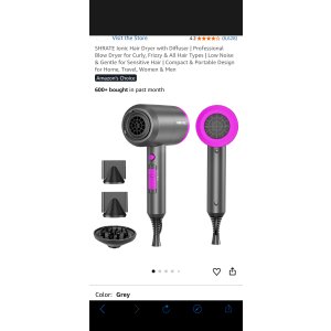 $19.99 Amazon.com : SHRATE Ionic Hair Dryer with Diffuser | Professional Blow Dryer for Curly, Frizzy & All Hair Types | Low Noise & Gentle for Sensitive Hair | Compact & Portable Design for Home, Travel, Wo