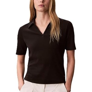 $28.22 Calvin Klein Women's Johnny Collar Half Sleeve Top Black at Amazon Women’s Clothing store