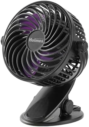 Amazon.com: Holmes 4” On-The-Go Personal Fan with Clip – 3 Speeds, 360° Rotation, Rechargeable Battery, USB-C Charging, Compact, Black with Purple Blades, 1-Year Warranty – Ideal for Desks &
