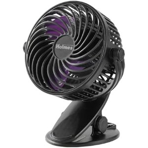 $8.50 Amazon.com: Holmes 4” On-The-Go Personal Fan with Clip – 3 Speeds, 360° Rotation, Rechargeable Battery, USB-C Charging, Compact, Black with Purple Blades, 1-Year Warranty – Ideal for Desks &