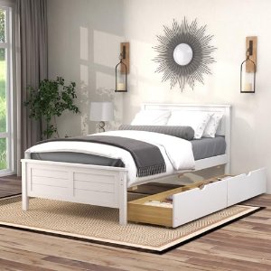 $189 Amazon.com: GOFLAME Twin Size Bed Frame with 2 Drawers, Platform Bed with Solid Wood Headboard 