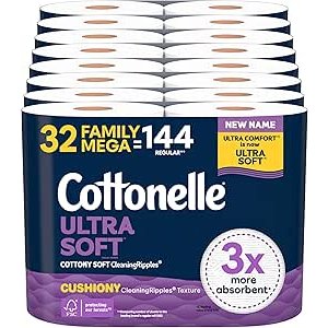 $22.61 Amazon.com: Cottonelle Ultra Soft Toilet Paper with Cushiony CleaningRipples Texture, 32 Family Mega Rolls = 144 Regular Rolls (8 Packs of 4) : Health & Household