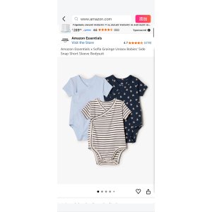 $7.81 Amazon.com: Amazon Essentials x Sofia Grainge Unisex Babies  Side Snap Short Sleeve Bodysuit, Pack of 3, Light Blue/Bunnies/Stripe, 6-9 Months : Clothing, Shoes & Jewelry