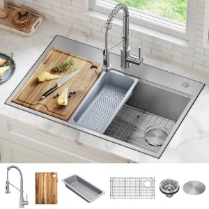 $489.99 KRAUS Topmount Workstation Kitchen Sink with Commercial Pull-Down Faucet | Costco