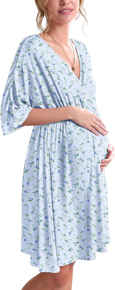 Ekouaer 3 in 1 Labor/Delivery/Hospital Gown Maternity Dress Nursing Nightgown Sleepwear for Breastfeeding, Blue Small Flowers, Medium at Amazon Women’s Clothing store
