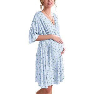 $26.39 Ekouaer 3 in 1 Labor/Delivery/Hospital Gown Maternity Dress Nursing Nightgown Sleepwear for Breastfeeding, Blue Small Flowers, Medium at Amazon Women’s Clothing store