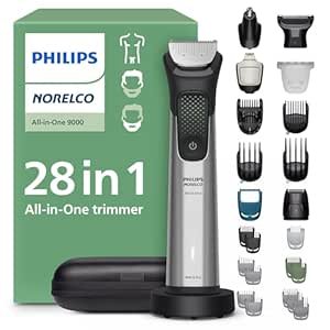$109.96 Amazon.com: Philips Norelco All-in-One 9000 Series 28-Piece Trimmer - Electric Shaver and Clipper for Face, Beard, Head & Body, Self-sharpening Full Metal Blades, 27 Length Settings (0.5