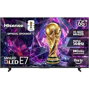 $649.99 Amazon.com: Hisense 65" E7 Cinema Series Hi-QLED Mini-LED 4K UHD Smart Fire TV (65E7SF, 2026 NEW) - Native 144Hz, AI Picture, Dolby Vision IQ · Atmos, FALD, HDR10+ Adaptive, MEMC, Alexa