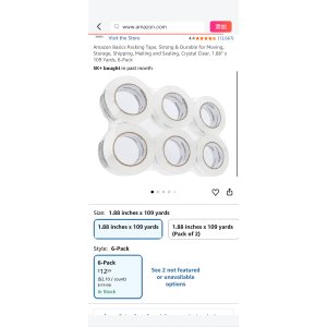 $11.96 Amazon.com : Amazon Basics Packing Tape, Strong & Durable for Moving, Storage, Shipping, Mailing and Sealing, Crystal Clear, 1.88  x 109 Yards, 6-Pack : Office Products