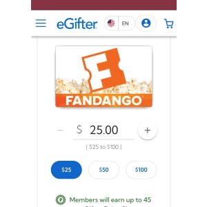 $20 Buy a $25 Fandango Gift Card for just $20!
Promo Code:
TIX626 | eGifter