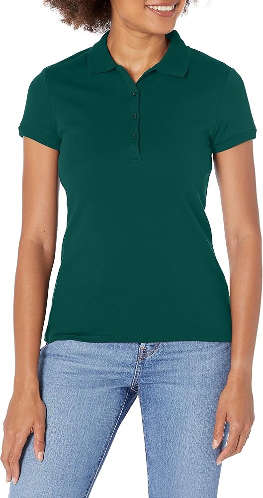 IZOD Junior's Uniform Short Sleeve Interlock Polo, Forest Green, Large at Amazon Women’s Clothing store