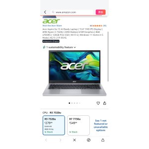 $279.99 Amazon.com: Acer Aspire Go 15 AI Ready Laptop | 15.6  FHD IPS Display | AMD Ryzen 3 7320U | AMD Radeon 610M Graphics | 8GB LPDDR5 | 128GB PCIe SSD | Wi-Fi 6 | Windows 11 Home in S Mode | AG15-21P-R5YG