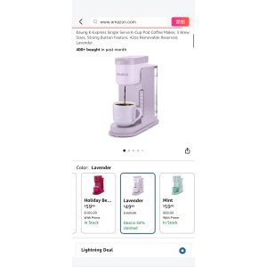 $49.99 Amazon.com: Keurig K-Express Single Serve K-Cup Pod Coffee Maker, 3 Brew Sizes, Strong Button Feature, 42oz Removable Reservoir, Lavender: Home & Kitchen
