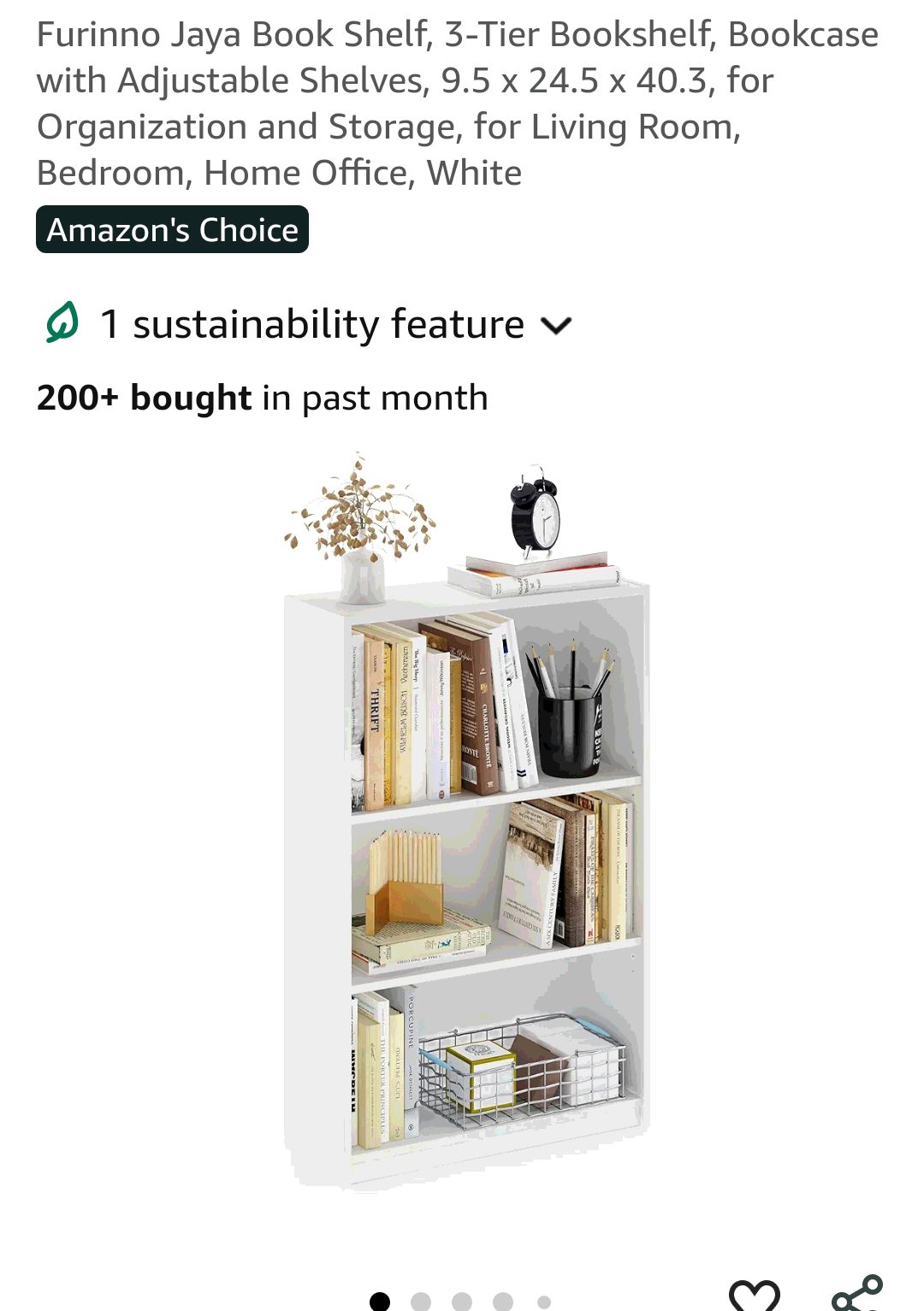 Furinno Jaya Book Shelf, 3-Tier Bookshelf, Bookcase with Adjustable Shelves, 9.5 x 24.5 x 40.3, for Organization and Storage, for Living Room, Bedroom, Home Office, White : Home & Kitchen