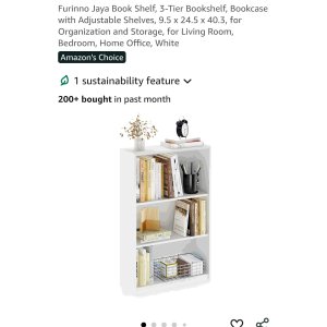 $30.09 Furinno Jaya Book Shelf, 3-Tier Bookshelf, Bookcase with Adjustable Shelves, 9.5 x 24.5 x 40.3, for Organization and Storage, for Living Room, Bedroom, Home Office, White : Home & Kitchen