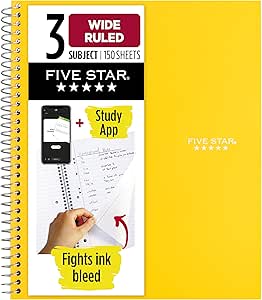 Amazon.com : Five Star Spiral Notebook + Study App, 3 Subject, Wide Ruled Paper, 8" x 10-1/2", 150 Sheets, Fights Ink Bleed, Water Resistant Cover, Harvest Yellow (73463) : Office Products