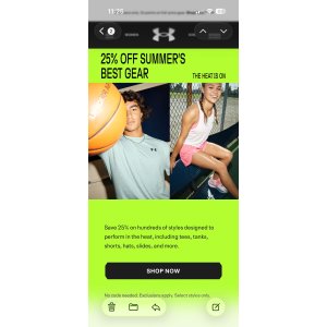  Under Armour: 部分精选75折，无需折扣码。Save 25% on hundreds of styles designed to perform in the heat, including tees, tanks, shorts, hats, slides, and more. No code needed. Exclusions apply. Select styles only.