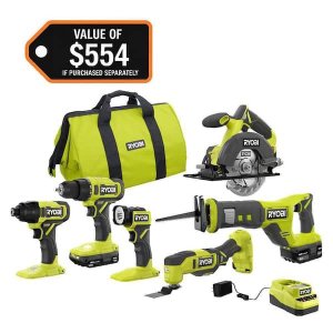 $199 RYOBI ONE+ 18V Cordless 6-Tool Combo Kit with Compact Battery, 4.0 Ah Battery, and Charger PCL1600K2 - The Home Depot