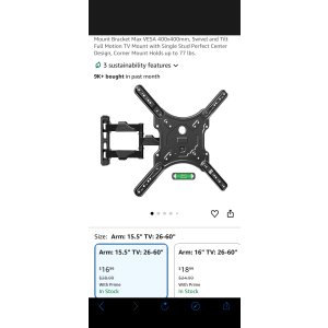 $16.99 Amazon.com: ELIVED TV Wall Mount for Most 26-60 Inch TVs, Wall Mount Bracket Max VESA 400x400mm, Swivel and Tilt Full Motion TV Mount with Single Stud Perfect Center Design, Corner Mount Holds up to 7
